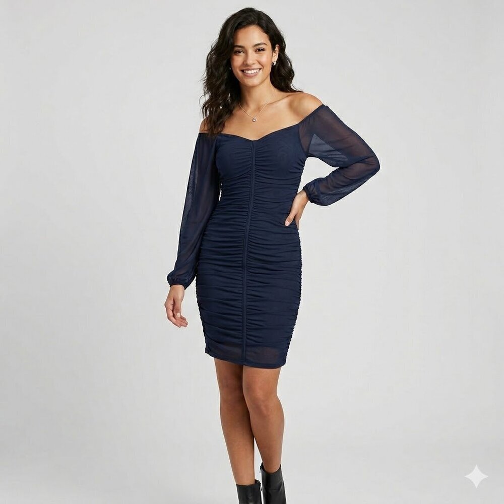 Women's Navy Blue Ruched Sheer Long Sleeve Bodycon Dress Large NWT, Whimsigoth